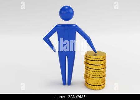 Un imprenditore di successo con grandi profitti è in piedi accanto a un mucchio di monete d'oro. Gli investimenti di successo di una società. Il rendering 3D Foto Stock