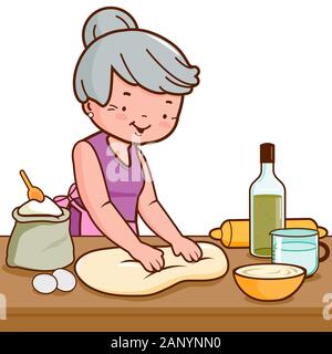 Nonna impastare la pasta o l'impasto in cucina a casa. Fornaio che lavora nella panetteria preparando pane o torte fatti in casa. Foto Stock