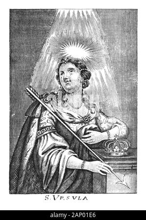 Antique vintage allegorico religioso incisione o disegno di Christian santa donna la Santa Ursula.illustrazione dal libro Die Betrubte und noch Ihrem Beliebten..., Impero Austriaco,1716. Artista sconosciuto. Foto Stock