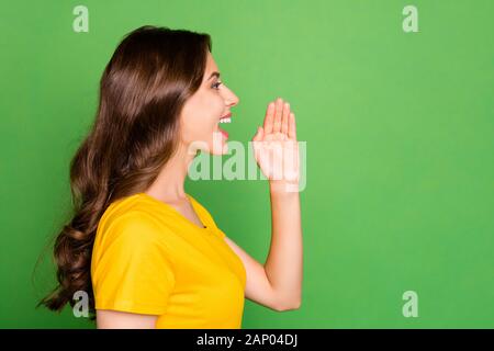 Close-up profilo vista laterale ritratto di Nizza attraente bella affascinante Allegro vivace-ondulato ragazza dai capelli dicendo di dare consigli professionali isolati su Foto Stock