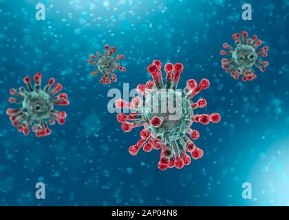 Vista microscopica del coronavirus, un patogeno che attacca le vie respiratorie. Analisi e test, sperimentazione. La Sars. 3D render Foto Stock