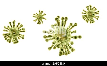 Vista microscopica del coronavirus, un patogeno che attacca le vie respiratorie. Analisi e test, sperimentazione. La Sars. 3D render Foto Stock