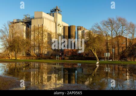 Whitworths Mill, in un edificio in stile vittoriano con moderne estensioni, sulle rive del fiume Nene di Wellingborough Foto Stock