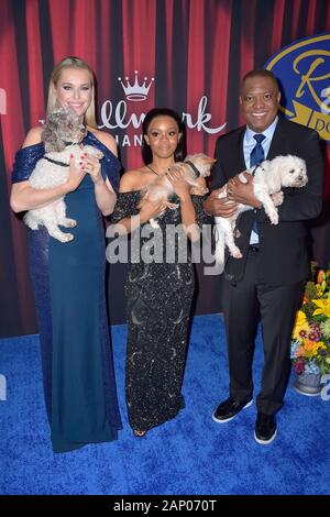 Rebecca Romijn, Gabby Douglas e Rodney Peete alla registrazione dell'Hallmark Channel TV show 'American Rescue Dog Show 2019' nel Barker Hangar. Santa Monica, Gennaio 19, 2020 | Utilizzo di tutto il mondo Foto Stock