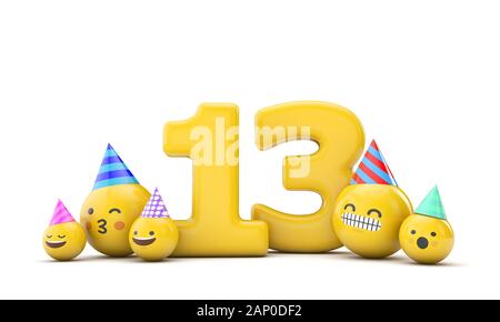 Numero 13 gli Emoji festa di compleanno celebrazione. 3D Render Foto Stock