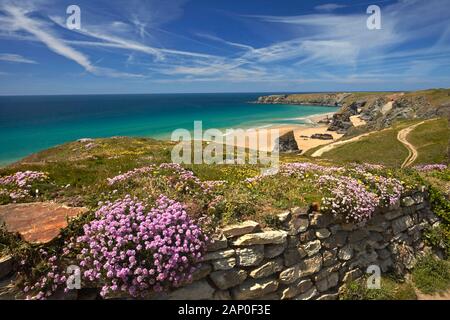 Vista dal sentiero che conduce al Bedruthan Steps a Carnewas sulla North Cornwall coast. Foto Stock