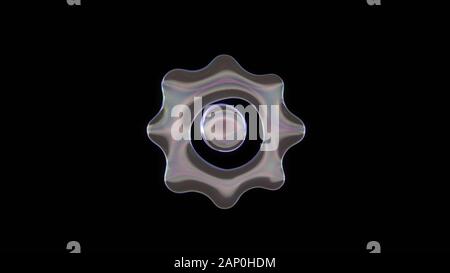 3D rendering della distorsione del trasparente bolla di sapone nella forma del simbolo della ruota dentata isolati su sfondo nero Foto Stock