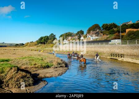 Percorsi per Pony a bassa marea sul Gannel Estuary in Newquay in Cornovaglia. Foto Stock