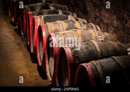 Vecchie botti di vino in legno sparate in un primo piano in una cantina. Foto Stock