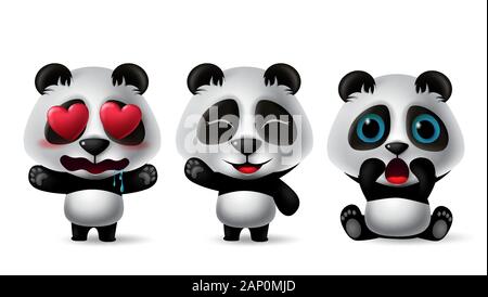 Orso Panda character set del vettore. Panda personaggio animale nel pianto, felice, sorpresa, in piedi, seduto e in amore le espressioni facciali isolato. Illustrazione Vettoriale