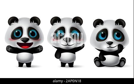 Panda vettore di caratteri set. Panda caratteri avatar 3d in diversi pongono e le espressioni in affamati, triste, arrabbiato, sdraiato, eccitato e isolato permanente . Illustrazione Vettoriale