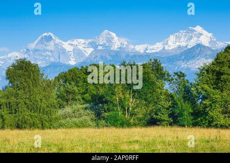 Le montagne Eiger (3967 m), Moench (4107 m) e Jungfrau (4158 m). Alpi bernesi, Svizzera Foto Stock
