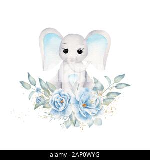 Baby Elephant con fiori blu e leafage disegnati a mano illustrazione raster. Graziosi animali boy e bouquet isolato acquerello composizione. Aquarelle ele Foto Stock