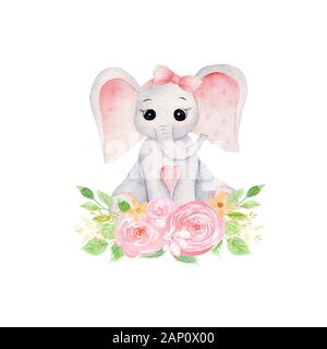 Baby Elephant e bouquet disegnato a mano illustrazione raster. Graziosi animali ragazza con i fiori e foglie isolate composizione acquerello. Aquarelle elephant Foto Stock