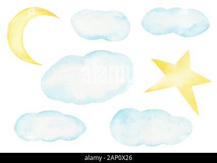 Nuvole e corpi celesti disegnati a mano illustrazione raster. Crescent, mezza luna e le stelle del cielo notturno acquerello di elementi di raccolta. Aquarelle celestial Foto Stock