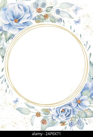 Cornice circolare su sfondo floreale disegnato a mano illustrazione raster. Golden round e decorativi fiori di lino acquerello composizione. Vuoto una geometrica Foto Stock