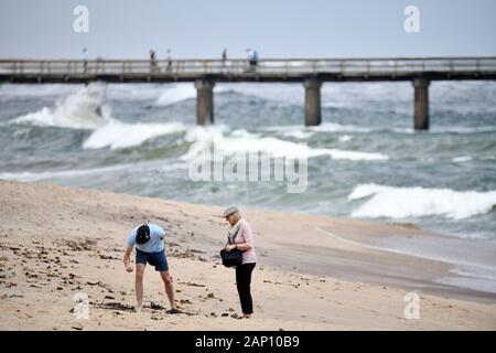 Swakopmund, Namibia. 02Mar, 2019. Due escursionisti di fronte al molo di Swakopmund raccogliere conchiglie sulla spiaggia atlantica, presa su 02.03.2019. Credito: Matthias Toedt/dpa-Zentralbild/ZB/Picture Alliance | in tutto il mondo di utilizzo/dpa/Alamy Live News Foto Stock