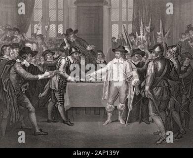 Oliver Cromwell, 1599-1658, statista inglese, sciogliendo il parlamento molto in 1653 Foto Stock