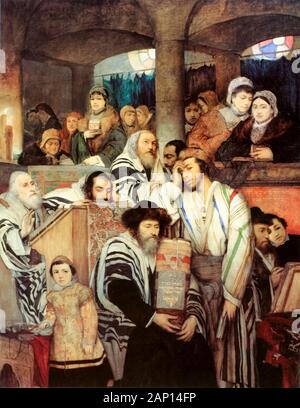 Maurycy Gottlieb, gli ebrei in preghiera nella sinagoga di Yom Kippur, pittura, 1878 Foto Stock