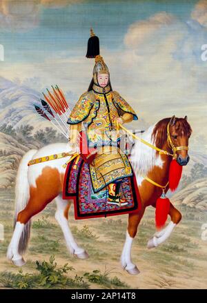 L'Imperatore Qianlong (1711-1799), Ritratto equestre pittura in armatura cerimoniale a cavallo da Giuseppe Castiglione, 1758 Foto Stock