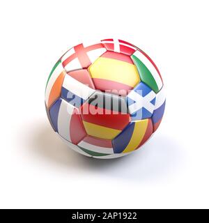 3D render: pallone da calcio con le bandiere di tutti i paesi ospitanti di Europei di Calcio 2020 Foto Stock