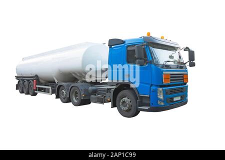 Camion con rimorchio cisterna per carico liquido, carburante. Isolato su sfondo bianco Foto Stock