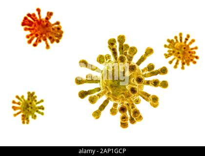 Vista microscopica del coronavirus, un patogeno che attacca le vie respiratorie. Analisi e test, sperimentazione. La Sars. 3D render Foto Stock