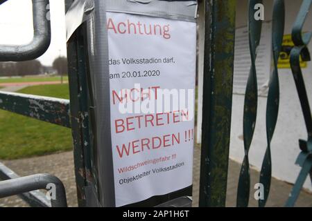 Il 20 gennaio 2020, Meclemburgo-Pomerania, Greifswald: un cartello con la scritta "Attenzione il Volksstadion non deve essere inserito su 20.01.2020 !! Cinghiale in pericolo !!!" si blocca su motivi di Volksstadion. I cinghiali, che hanno alloggiato su di un esteso terreno di Volksstadion, sono stati costretti a lasciare per il momento. Lo stadio è stato riaperto il 21.01.2020. Venerdì scorso la città forester aveva cercato di guidare un pacco di cinghiali fuori della zona Volksstadion. Il Volksstadion è stato quindi chiuso e la partita di calcio di Greifswalder FC contro la U19 di FC Hansa Rostock, pianificazione Foto Stock