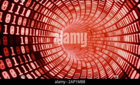 Digitale codice binario tunnel, incandescente neon stile, dati binari foro vite senza fine sfondo, colore rosso Foto Stock