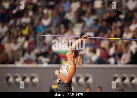 Christin Hussong (Germania/4° posto) l'azione. Final giavellotto delle donne, il 1 ottobre 2019 mondiali di atletica 2019 a Doha/Qatar, da settembre 27th. - 10.10.2019. Â | Utilizzo di tutto il mondo Foto Stock