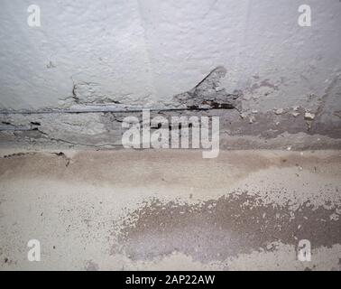 Cemento armato resistenza barre (rebar) danneggiati da infiltrazioni di acqua nei muri Foto Stock