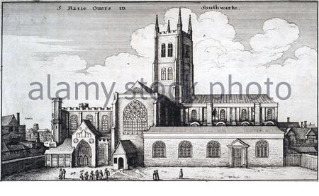 Santa Maria Overy, Southwark, Londra, attacco da incisore boemo Wenceslaus Hollar da 1600s Foto Stock