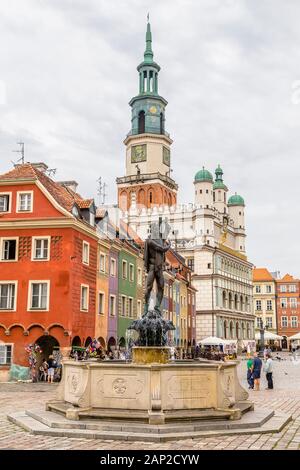 POZNAN, Polonia - 04 giugno 2014: la Vecchia Piazza del Mercato e il Municipio e la fontana. Poznan. Polonia Foto Stock