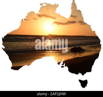 Una serie di punti di vista dei paesaggi naturali e paesaggi di Australia impostato in una mappa del paese Foto Stock