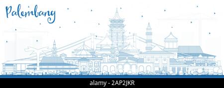 Profilo Palembang Indonesia City Skyline Con Edifici Blu. Illustrazione Vettoriale. Concetto Di Viaggio D'Affari E Turismo Con Architettura Storica. Illustrazione Vettoriale