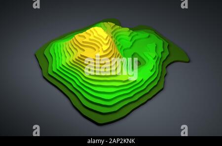 3d illustrazione astratta closeup di coloratissimi mappa topografica con il verde e il giallo dei gradienti di cartografia su sfondo grigio Foto Stock