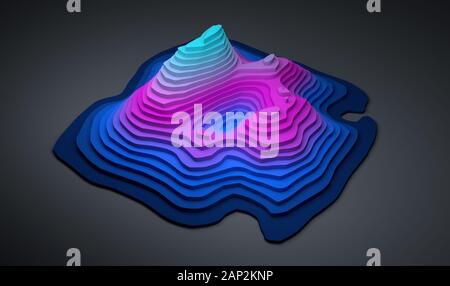 3d illustrazione astratta closeup di coloratissimi mappa topografica con blu e magenta gradienti di cartografia su sfondo grigio Foto Stock