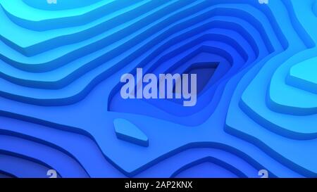 3d illustrazione astratta closeup di coloratissimi mappa topografica con il chiaro e lo scuro sfumature di blu gradienti di cartografia su sfondo grigio Foto Stock