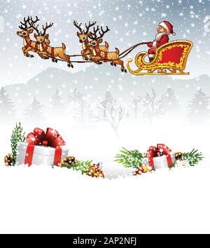 Sfondo di Natale con Babbo Natale in sella alla sua renna frode Illustrazione Vettoriale