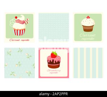 Panetteria cupcake in stile retrò. Set di adesivi vintage, carta, gift tag, badge, etichetta con ribes, cupcake ciliegio e modello senza cuciture con rose Illustrazione Vettoriale