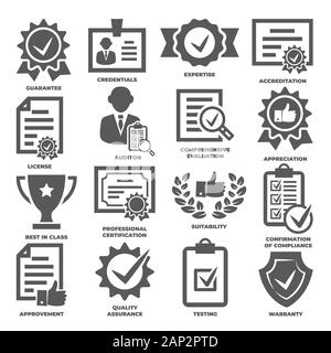 Approvazione di accreditamento e set di icone su sfondo bianco Illustrazione Vettoriale