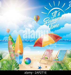 Bellissima spiaggia tropicale con tavola da surf, sedia e ombrellone Illustrazione Vettoriale