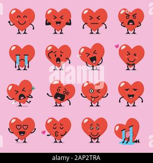 Carattere di cuore gli Emoji set. Funny cartoon emoticon Illustrazione Vettoriale