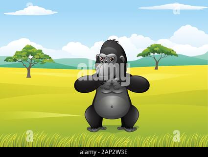 Cartoon gorilla nella savana paesaggio Illustrazione Vettoriale