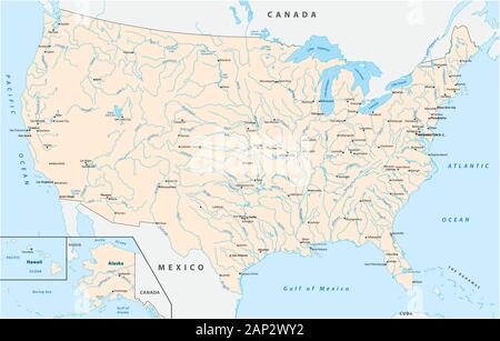 Mappa degli Stati Uniti con le città principali fiumi e laghi Illustrazione Vettoriale