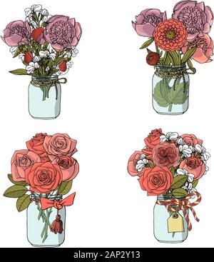 Disegnato a mano stile doodle mazzi di fiori diversi: rose, peonia, stock fiore, pisello dolce. isolato su sfondo bianco. vettore Illustrazione Vettoriale