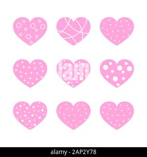 Set di Cuori rosa per il giorno di San Valentino. Nove cuori su sfondo bianco in design piatto. Illustrazione Vettoriale. Illustrazione Vettoriale