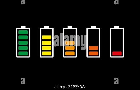Set di colorate di carica della batteria le icone. Illustrazione Vettoriale. I segni della batteria con vari livelli di carica su sfondo nero. Illustrazione Vettoriale