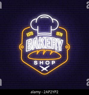 Bakery Shop neon insegna luminosa, luce banner. Vettore. Concetto per il badge, maglietta, Etichetta, Stampa, Timbro. Neon design tipografia con pane, testo chef hat silhouette. Modello di identità ristorante Illustrazione Vettoriale