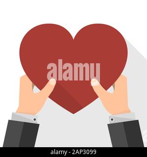 Cuore rosso nelle mani. Illustrazione Vettoriale. Imprenditore tenendo in mano il cuore come simbolo dell'amore. Illustrazione Vettoriale